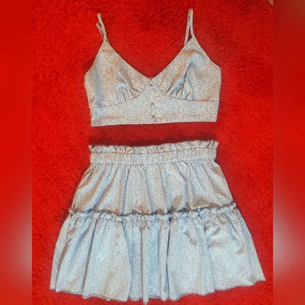 Light Blue Floral Two-Piece Set – Crop Top & Skirt